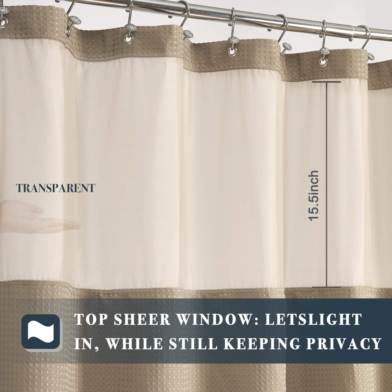 Waffle Weave Shower Curtain with Snap-In Fabric Liner Set, 12 Hooks Included - Hotel Style, Water-Repellent & Washable, Mesh Top Window - 71X72, Linen