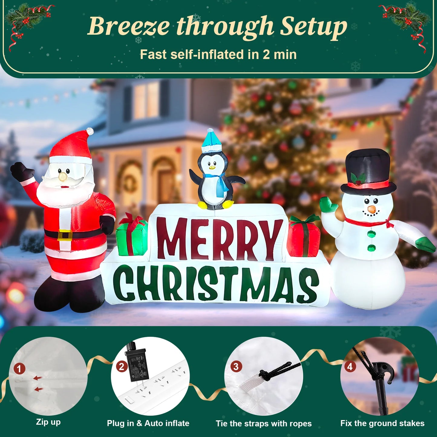 10Ft Long Christmas Inflatables, Lighted Merry Christmas Sign with Santa, Snowman, and Penguin, Giant Blow up Outdoor Christmas Lawn Yard Decoration