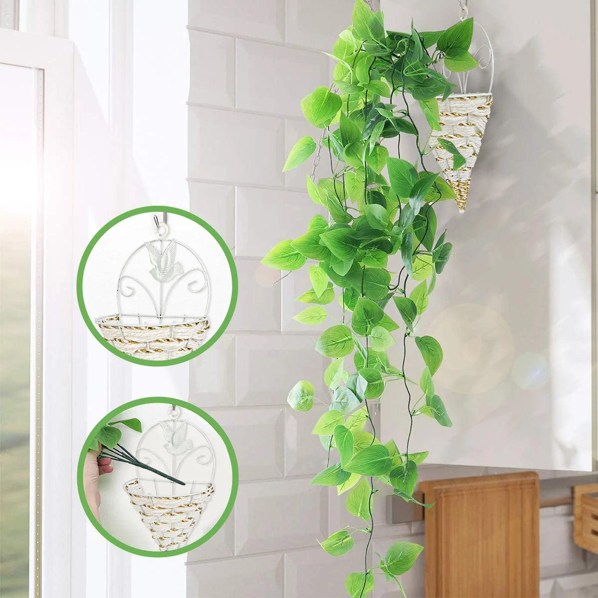 2 Pack Artificial Hanging Plants with Baskets, Fake Hanging Ivy Vine Wall Hanging Plants Greenery for Home Garden Room Wedding Decorations