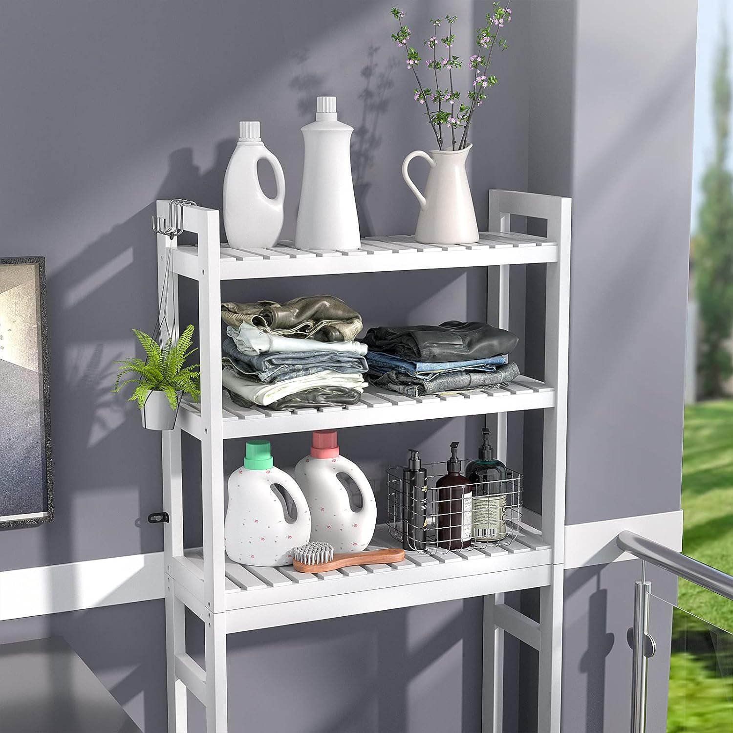 over the Toilet Storage, Bamboo 3-Tier Over-The-Toilet Space Saver Organizer Rack, Stable Freestanding above Toilet Stand with 3 Hooks for Bathroom, Restroom, Laundry, White