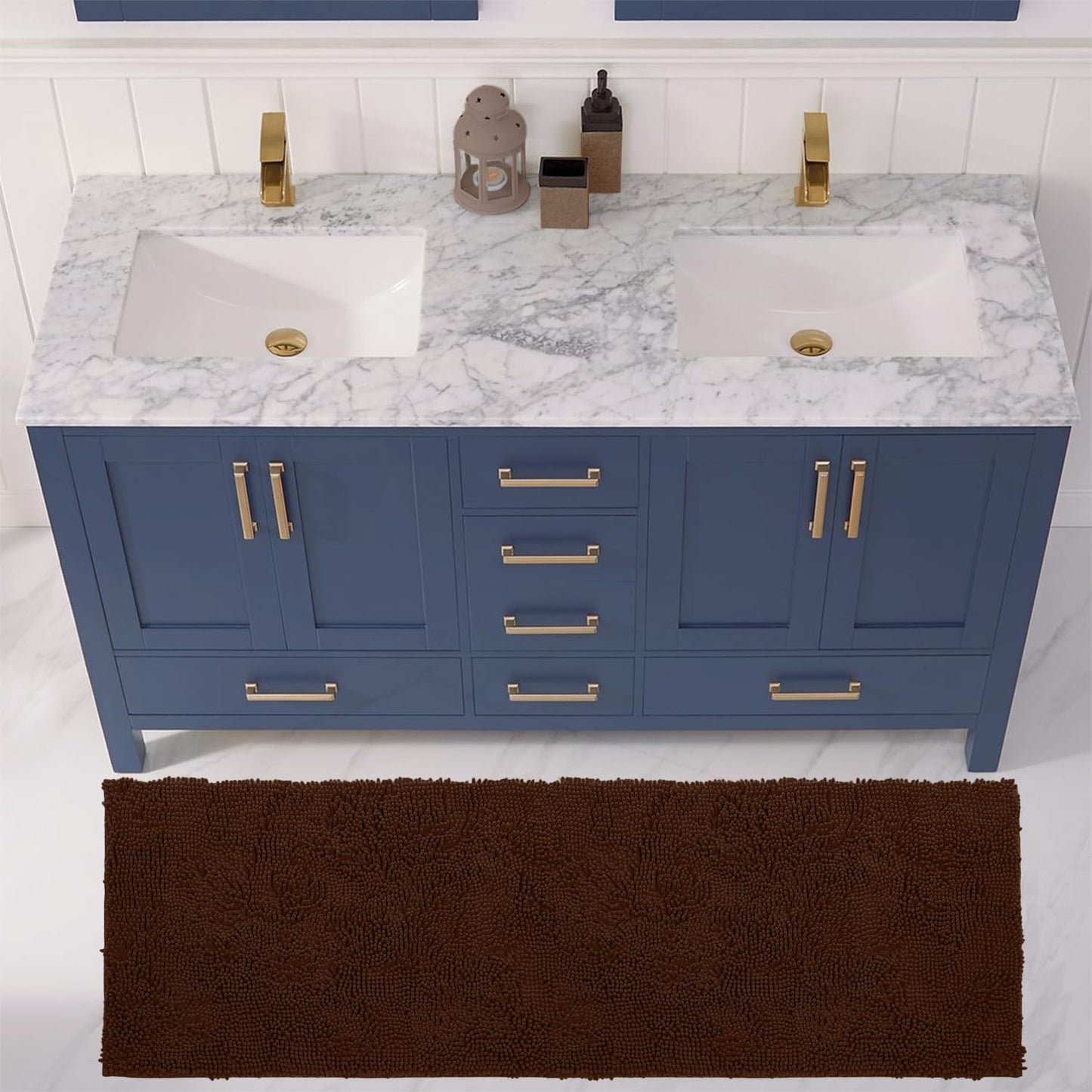 2-Piece Bathroom Rug Set – Ultra-Plush Chenille Mats, Includes Runner Rug, Soft, Absorbent, Non-Slip & Stylish (27X47 & 16X24 Inches, Brown)