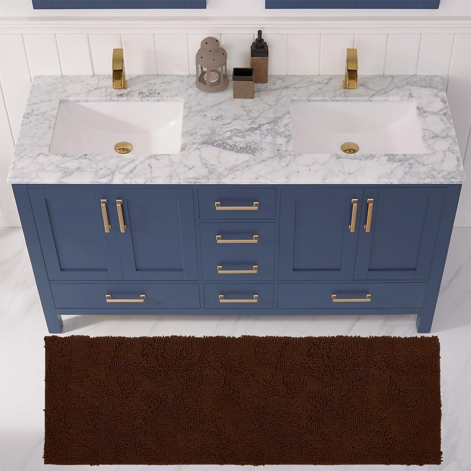 2-Piece Bathroom Rug Set – Ultra-Plush Chenille Mats, Includes Runner Rug, Soft, Absorbent, Non-Slip & Stylish (27X47 & 16X24 Inches, Brown)