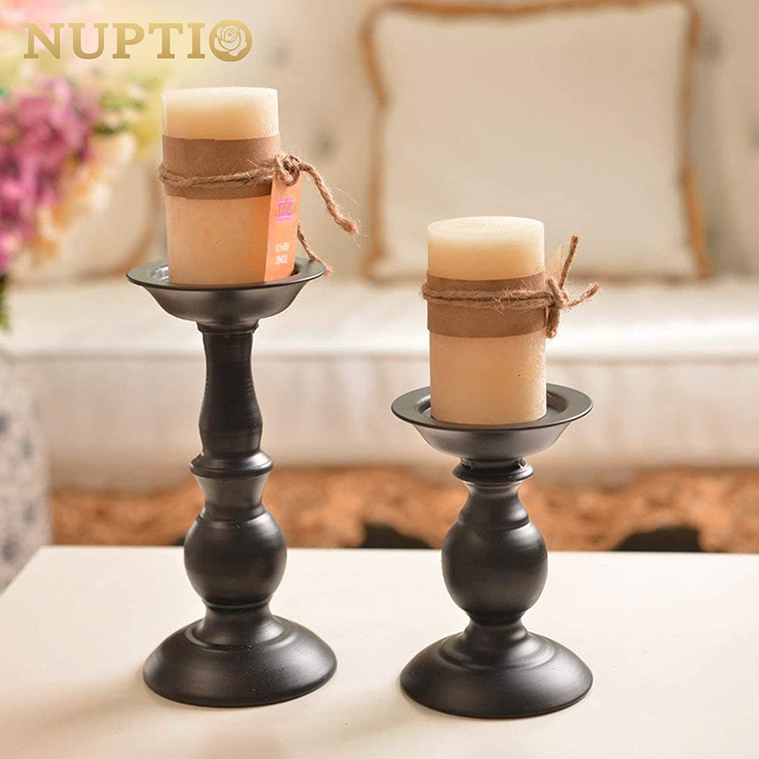 Black Candle Holder for Pillar Candles - 2 Pcs Rustic Candle Holders Set Metal Candle Stand Tall Retro Fall Pillar Candleholder for Halloween Easter Farmhouse Fireplace Home Table Centerpiece