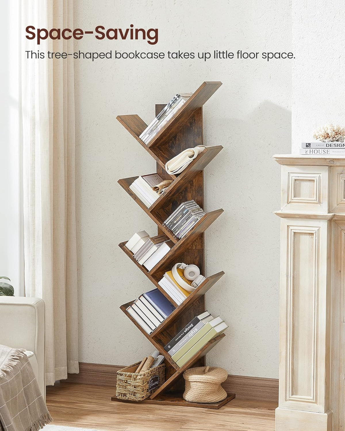 Tree Bookshelf, 9-Tier Bookcase, Large Bookshelf, Space-Saving Corner Shelf, Book Tree, Holds Books, Cds, Games, for Bedroom, Living Room, Home Office, Rustic Brown ULBC11BX