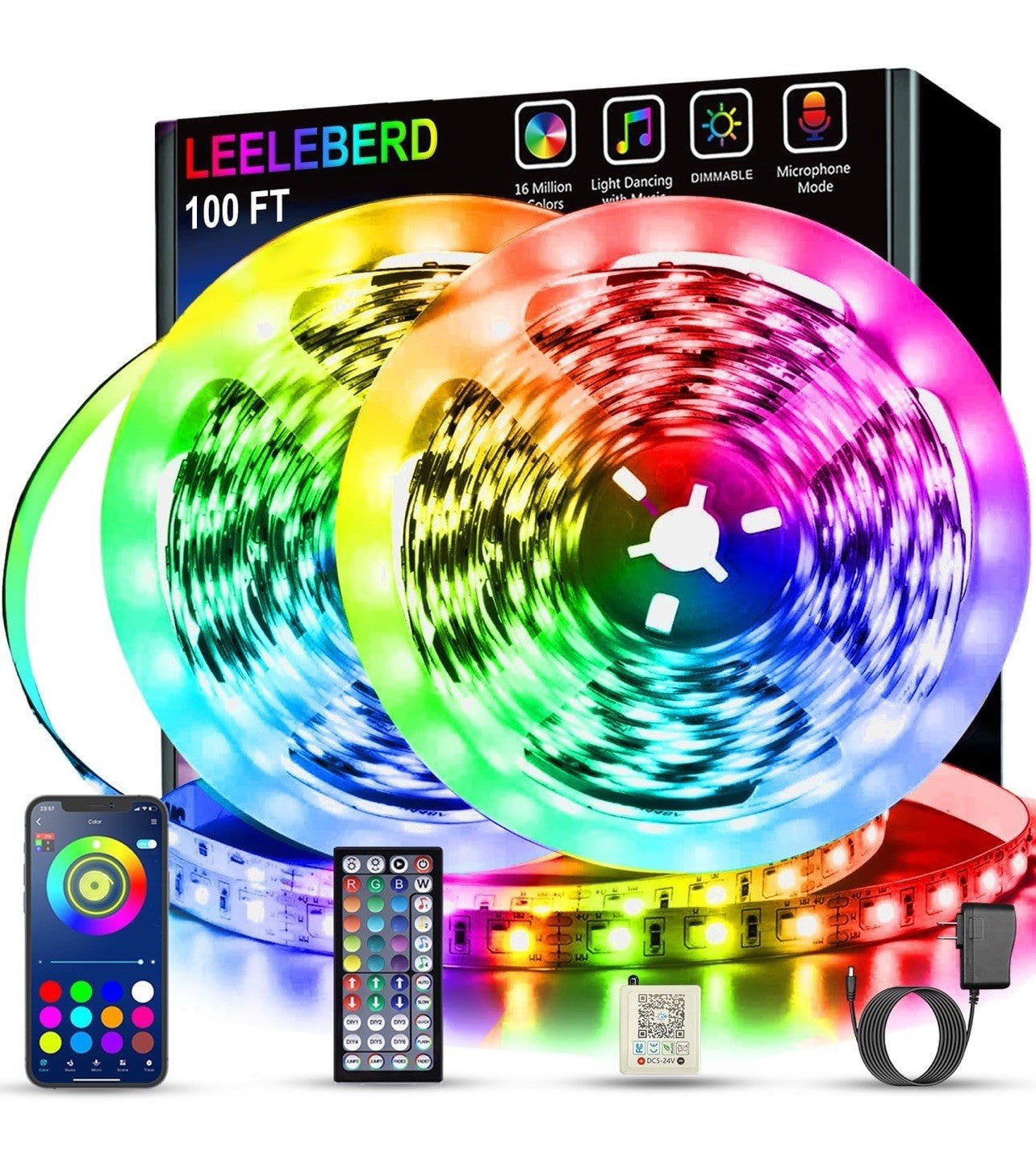 100Ft Led Strip Lights RGB Music Sync Color Changing 100Ft, Multicolor Leeleberd