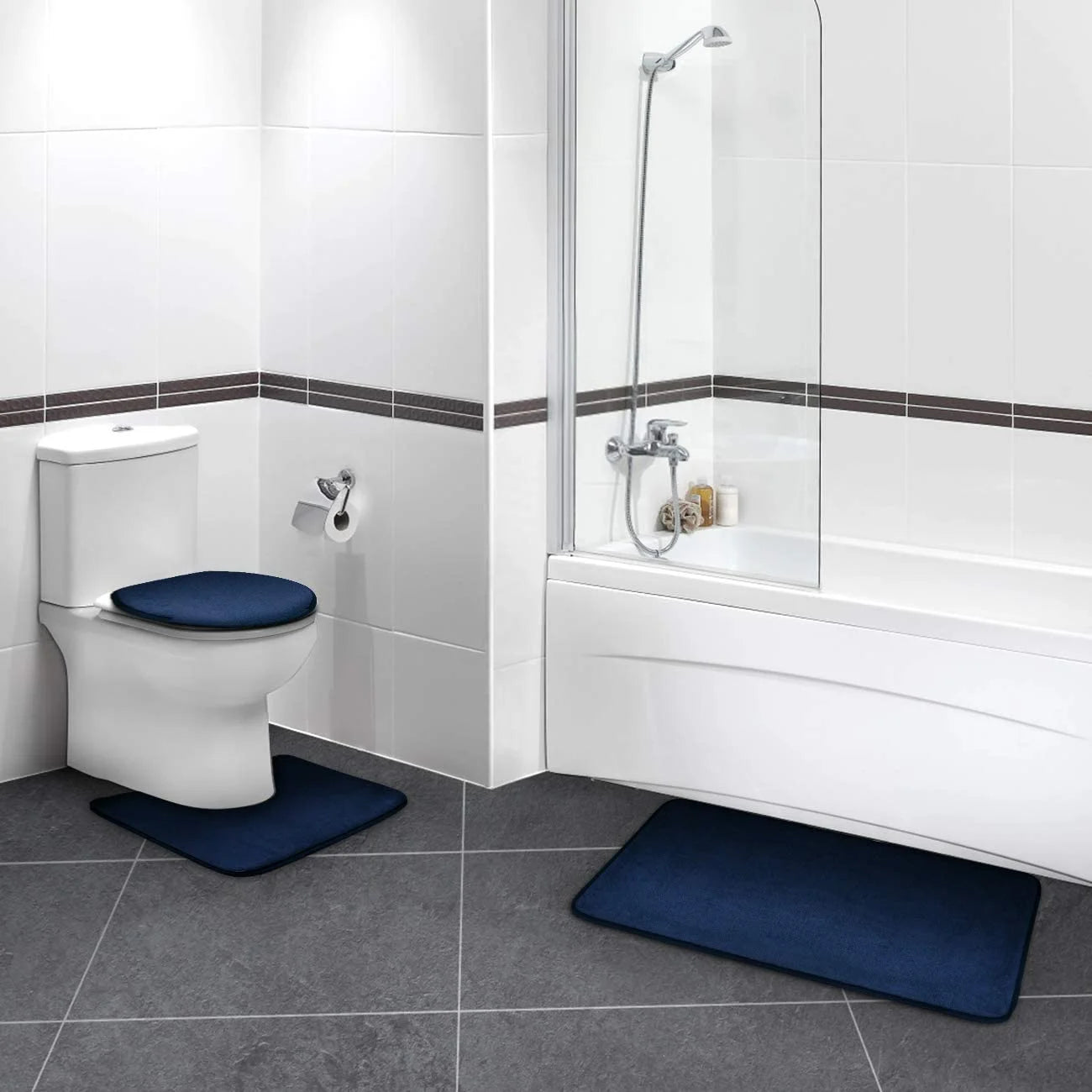 Blue Memory Foam Polyvinyl Chloride Bath Rugs, 31" X 20", Non Slip 3 Count