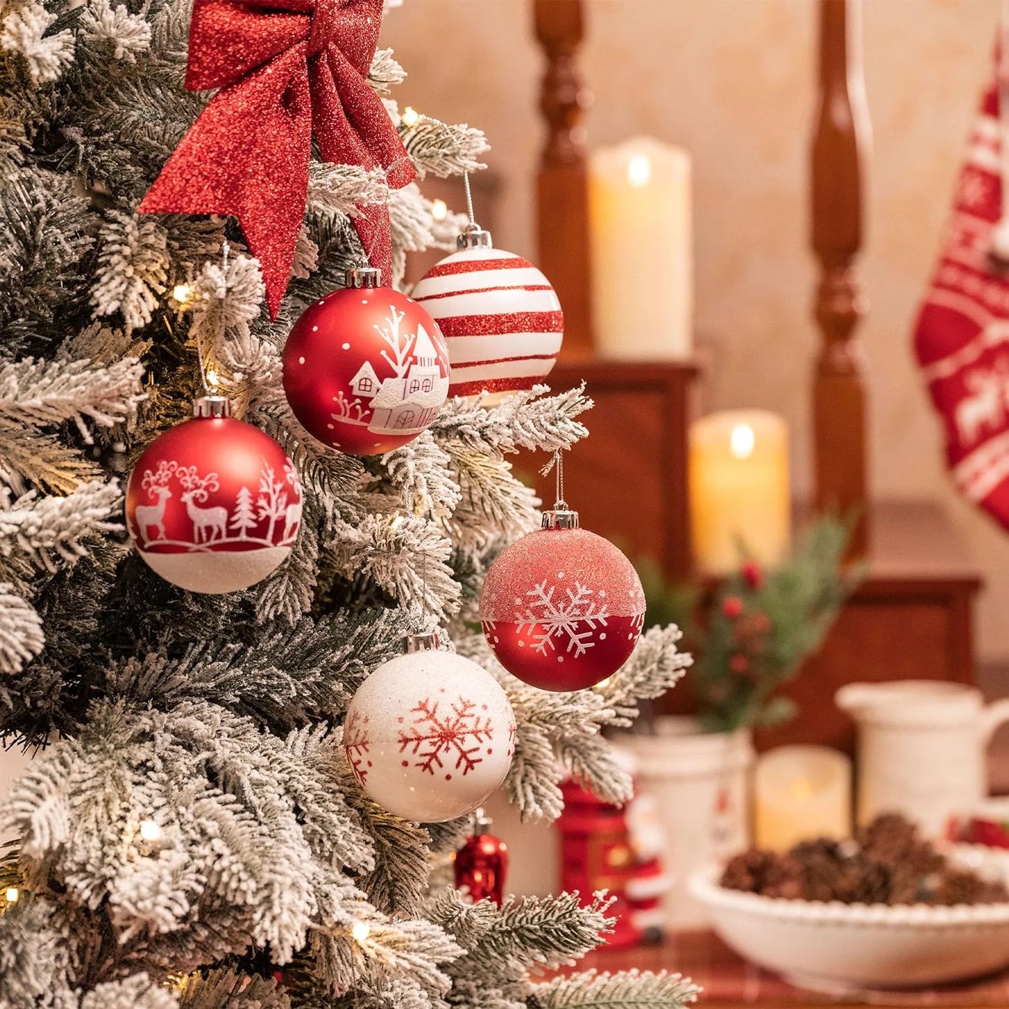 16Ct 3.15" Christmas Ornaments, Red White Christmas Hanging Tree Ornaments for Party Decor