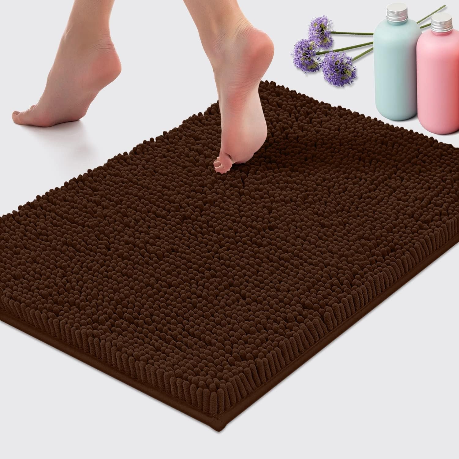 2-Piece Bathroom Rug Set – Ultra-Plush Chenille Mats, Includes Runner Rug, Soft, Absorbent, Non-Slip & Stylish (27X47 & 16X24 Inches, Brown)