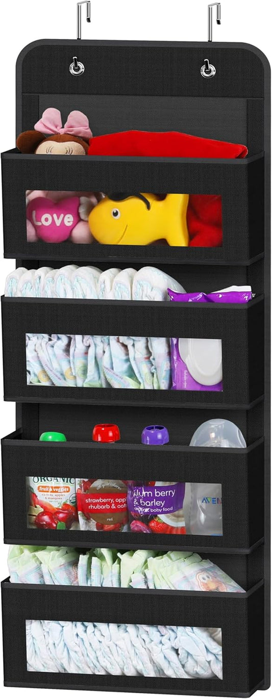 over Door/Wall Mount 4 Clear Window Pocket Organizer, Black