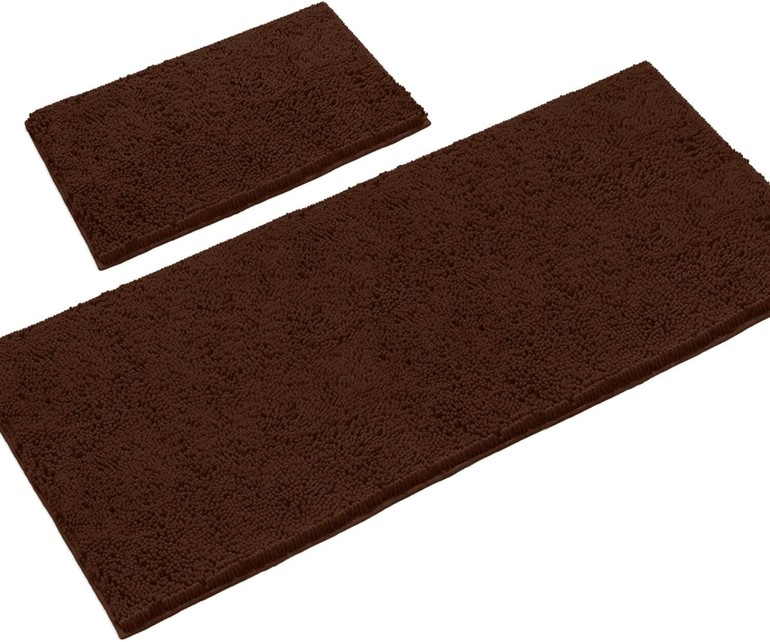 2-Piece Bathroom Rug Set – Ultra-Plush Chenille Mats, Includes Runner Rug, Soft, Absorbent, Non-Slip & Stylish (27X47 & 16X24 Inches, Brown)