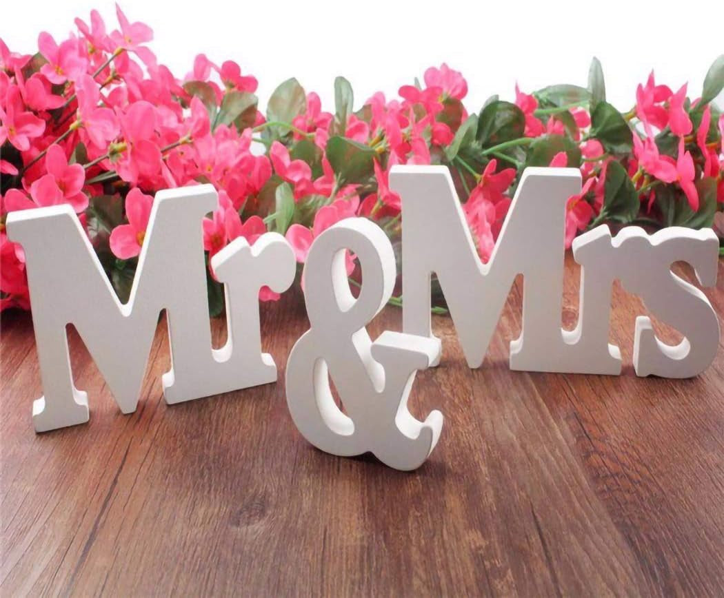 Mr Mrs Sign Letters 3D White Wooden Letters Decoration Wooden Mr and Mrs Letters for Party Wedding Table Decoration Photo Props (White)