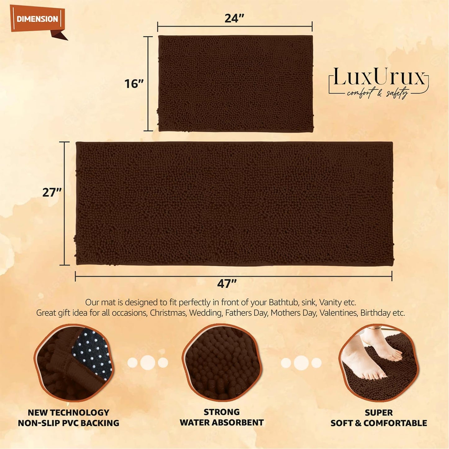2-Piece Bathroom Rug Set – Ultra-Plush Chenille Mats, Includes Runner Rug, Soft, Absorbent, Non-Slip & Stylish (27X47 & 16X24 Inches, Brown)