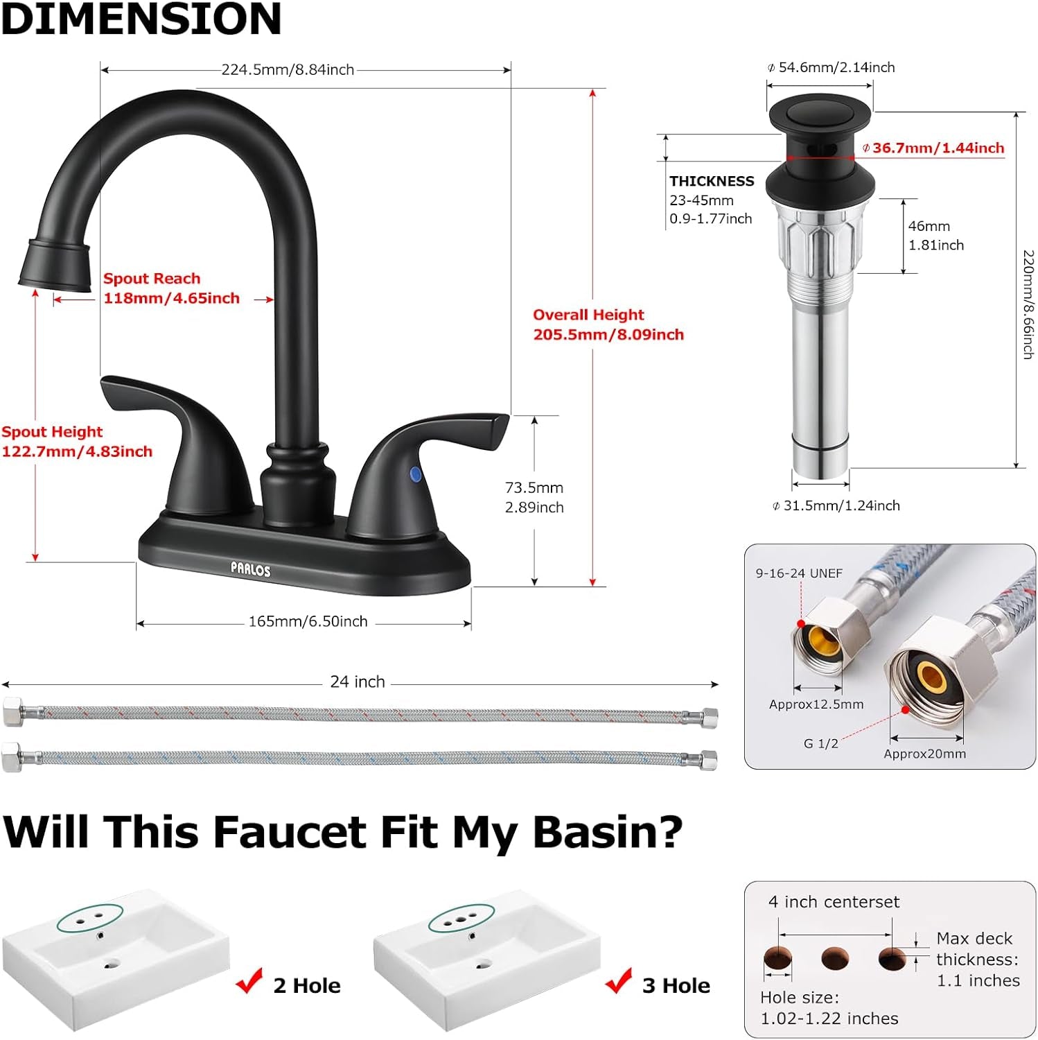 Matte Black 2-Handle Bathroom Faucet with Metal Drain Assembly & Supply Lines - NSF Cupc Certified, Model 1359104