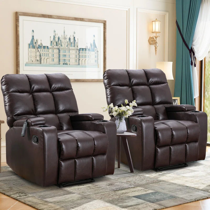 33.5" Wide Modern Faux Leather Soft Backrest Manual Release Recliner Chair with Massage & Storage & Cup Holder (Set of 2)