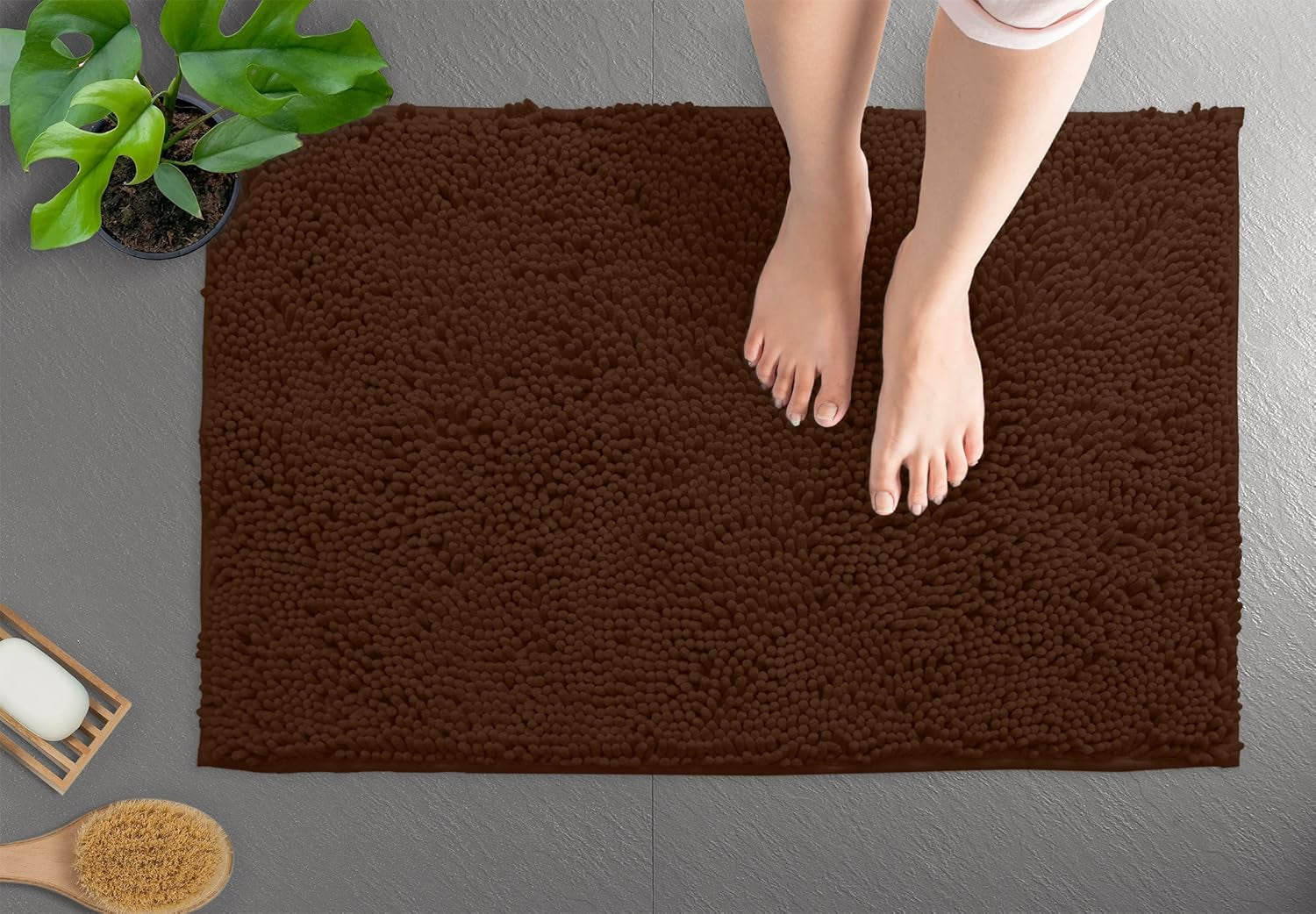 2-Piece Bathroom Rug Set – Ultra-Plush Chenille Mats, Includes Runner Rug, Soft, Absorbent, Non-Slip & Stylish (27X47 & 16X24 Inches, Brown)