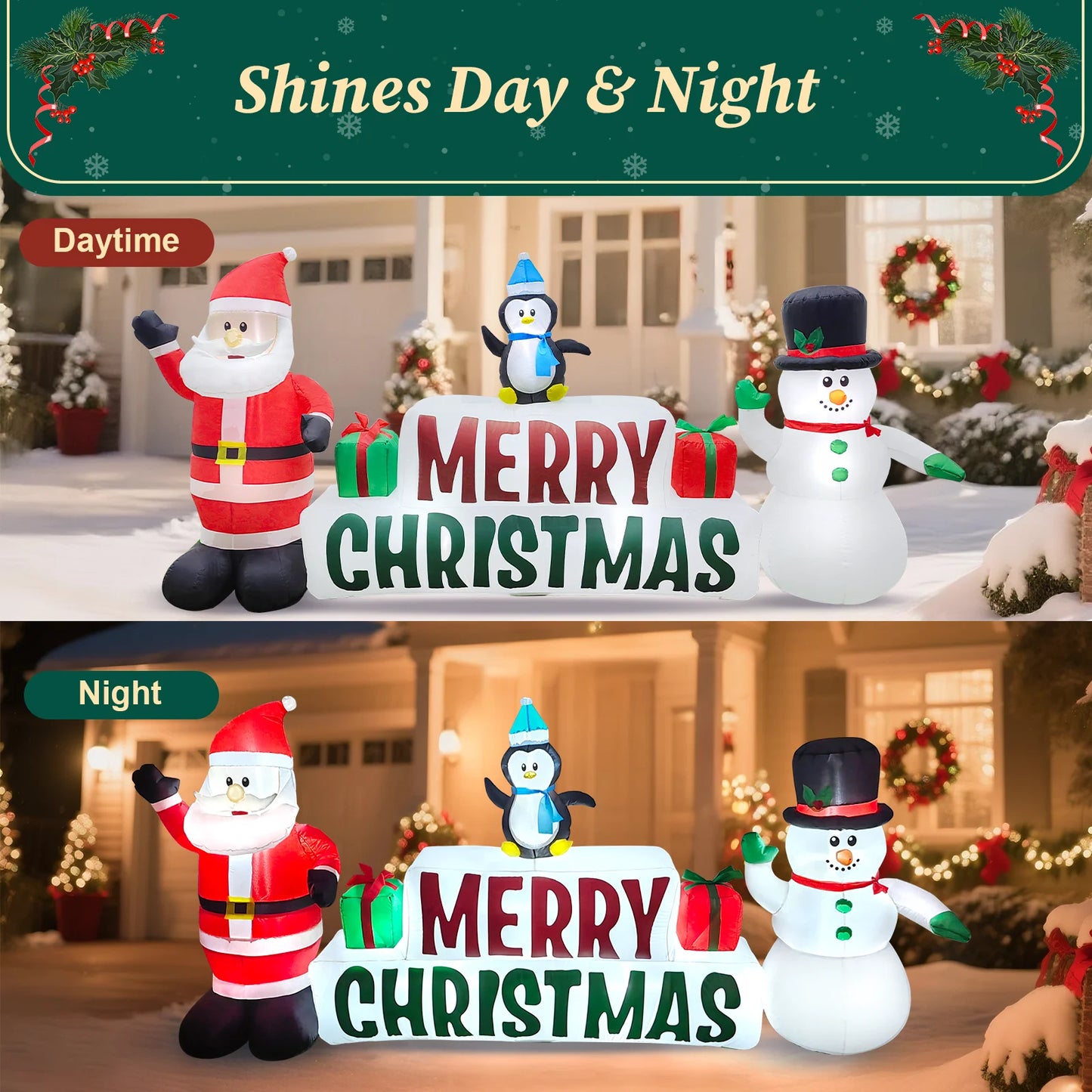 10Ft Long Christmas Inflatables, Lighted Merry Christmas Sign with Santa, Snowman, and Penguin, Giant Blow up Outdoor Christmas Lawn Yard Decoration