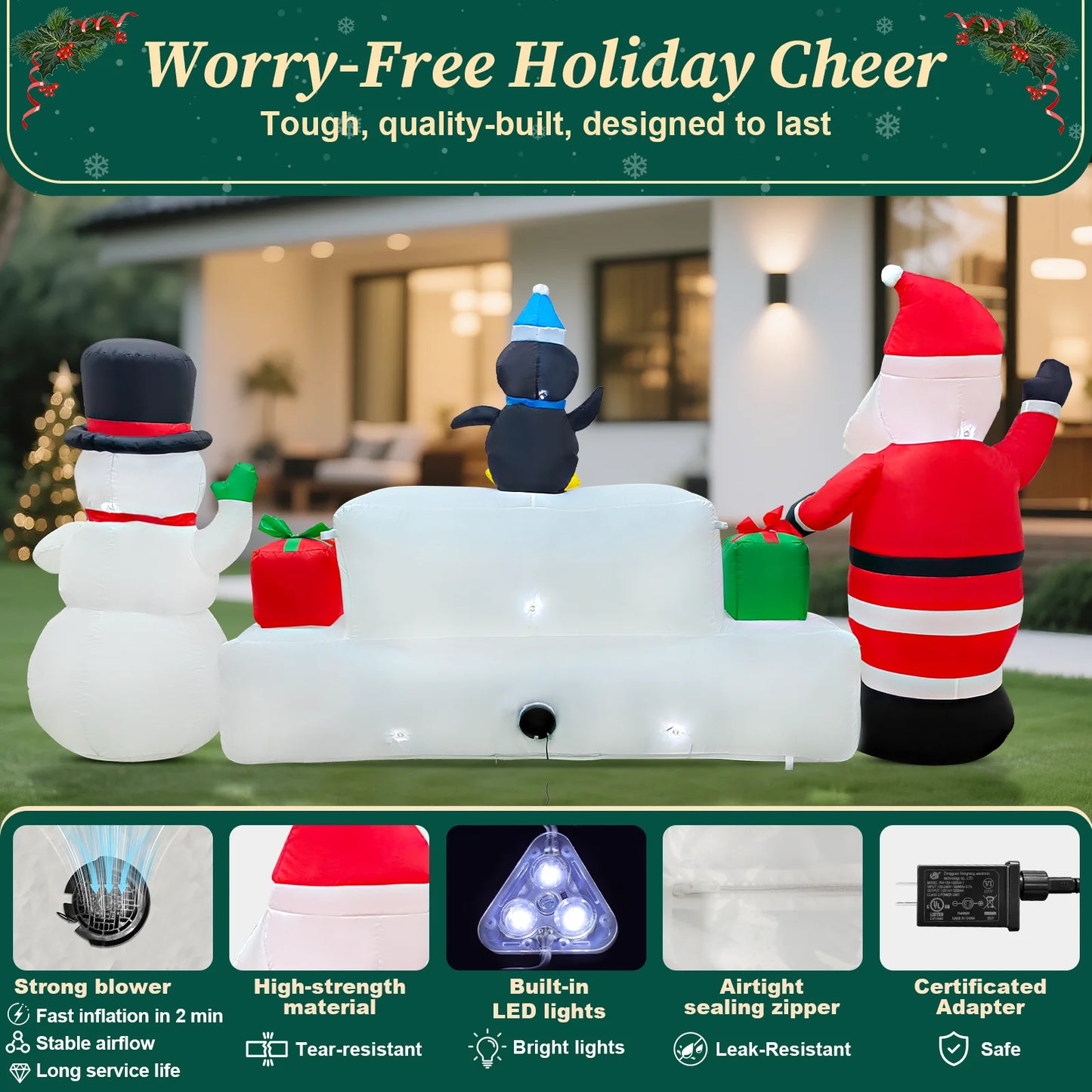 10Ft Long Christmas Inflatables, Lighted Merry Christmas Sign with Santa, Snowman, and Penguin, Giant Blow up Outdoor Christmas Lawn Yard Decoration