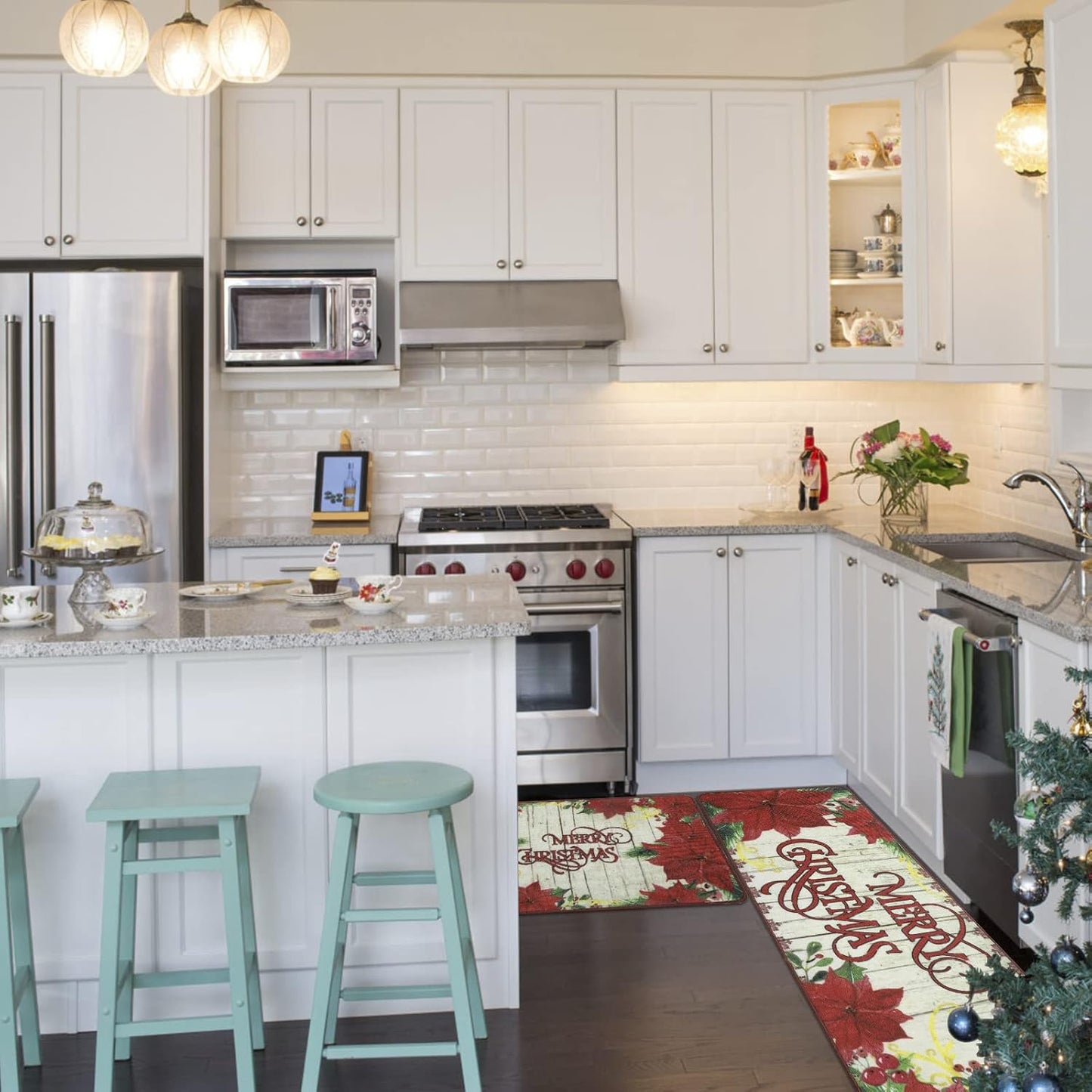 Christmas Kitchen Mats and Rugs Runner Set 2 Pieces Non Slip Kitchen Floor Rug Carpet Indoor Outdoor Floor Mat for Kitchen Sink,Laundry Room,Christmas Decorations