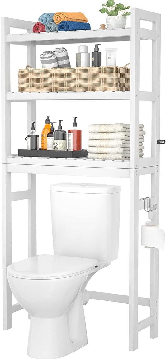 over the Toilet Storage, Bamboo 3-Tier Over-The-Toilet Space Saver Organizer Rack, Stable Freestanding above Toilet Stand with 3 Hooks for Bathroom, Restroom, Laundry, White