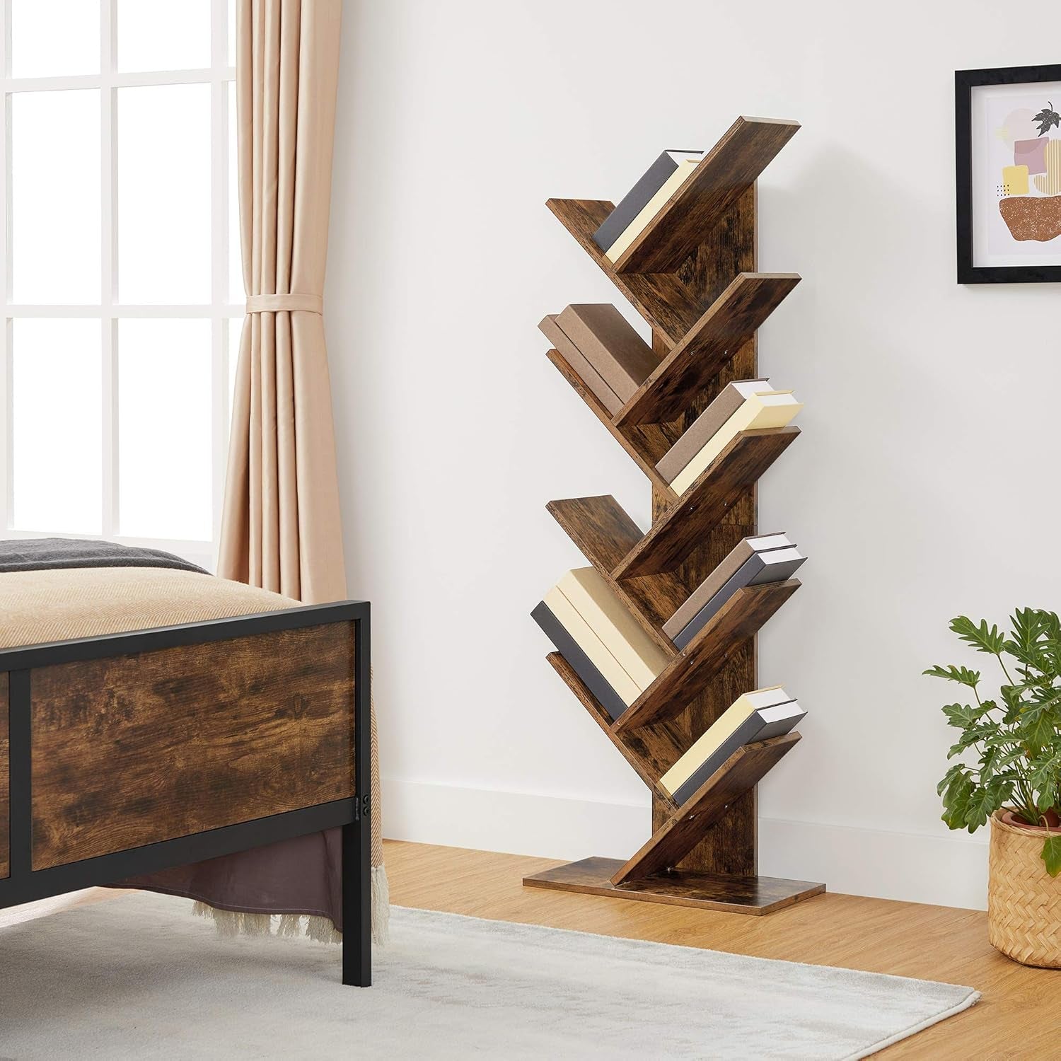 Tree Bookshelf, 9-Tier Bookcase, Large Bookshelf, Space-Saving Corner Shelf, Book Tree, Holds Books, Cds, Games, for Bedroom, Living Room, Home Office, Rustic Brown ULBC11BX