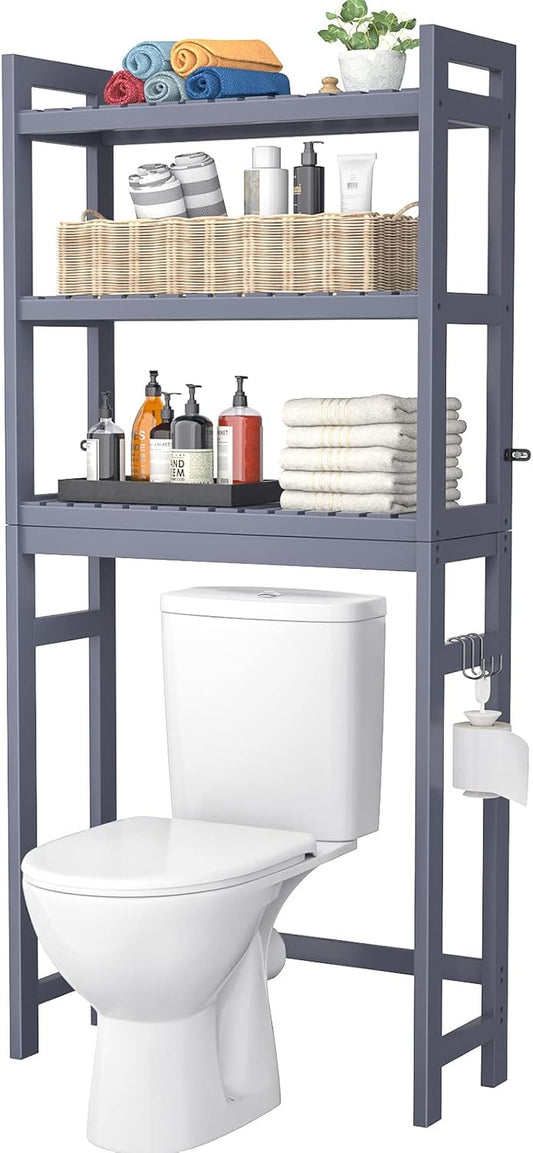 over the Toilet Storage, Bamboo 3-Tier Over-The-Toilet Space Saver Shelf Organizer Rack, Stable Freestanding above Toilet Stand with 3 Hooks for Bathroom, Restroom, Laundry, Blue Grey