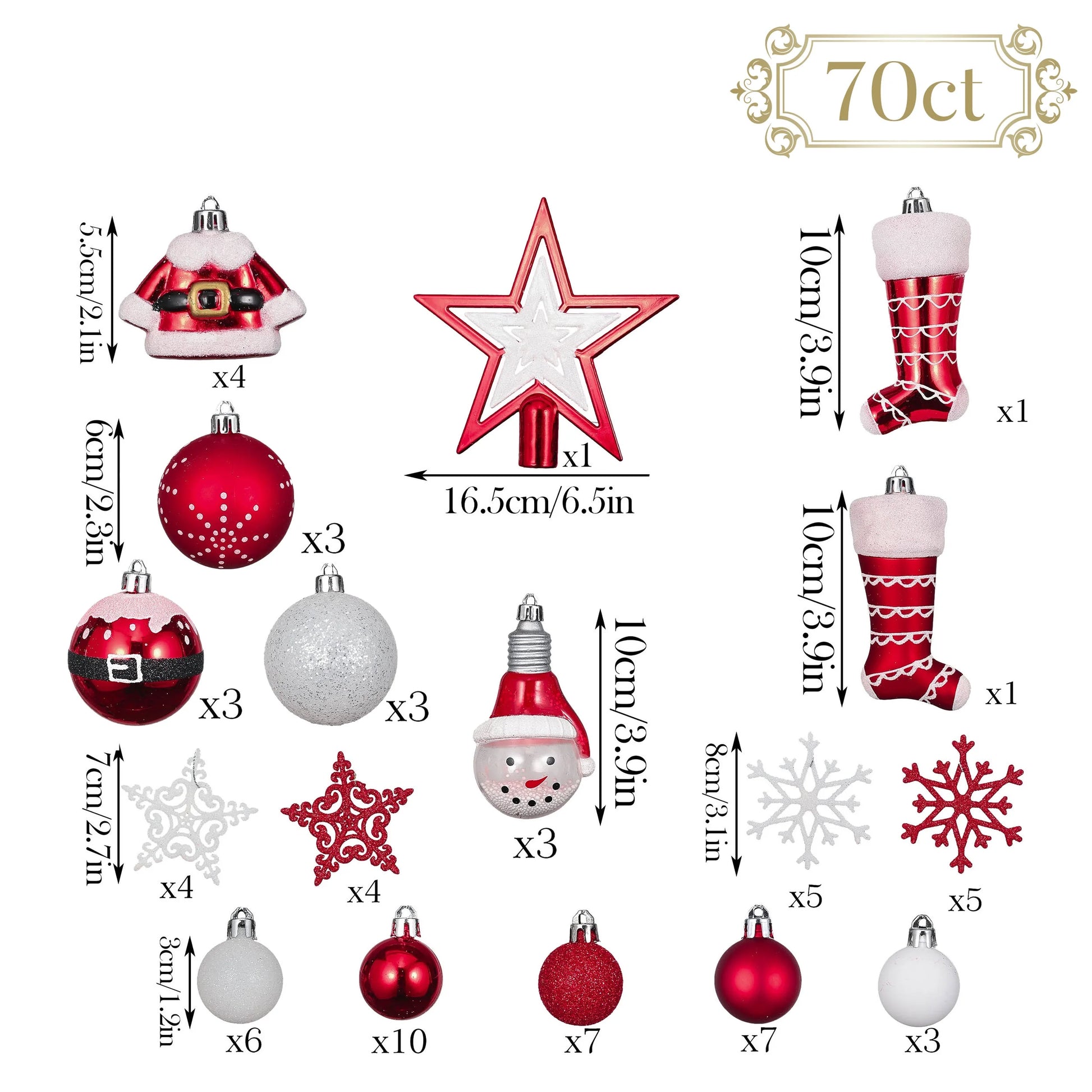 70Ct Christmas Ornaments Set, Red White Christmas Tree Ornaments for Holiday Party Decor
