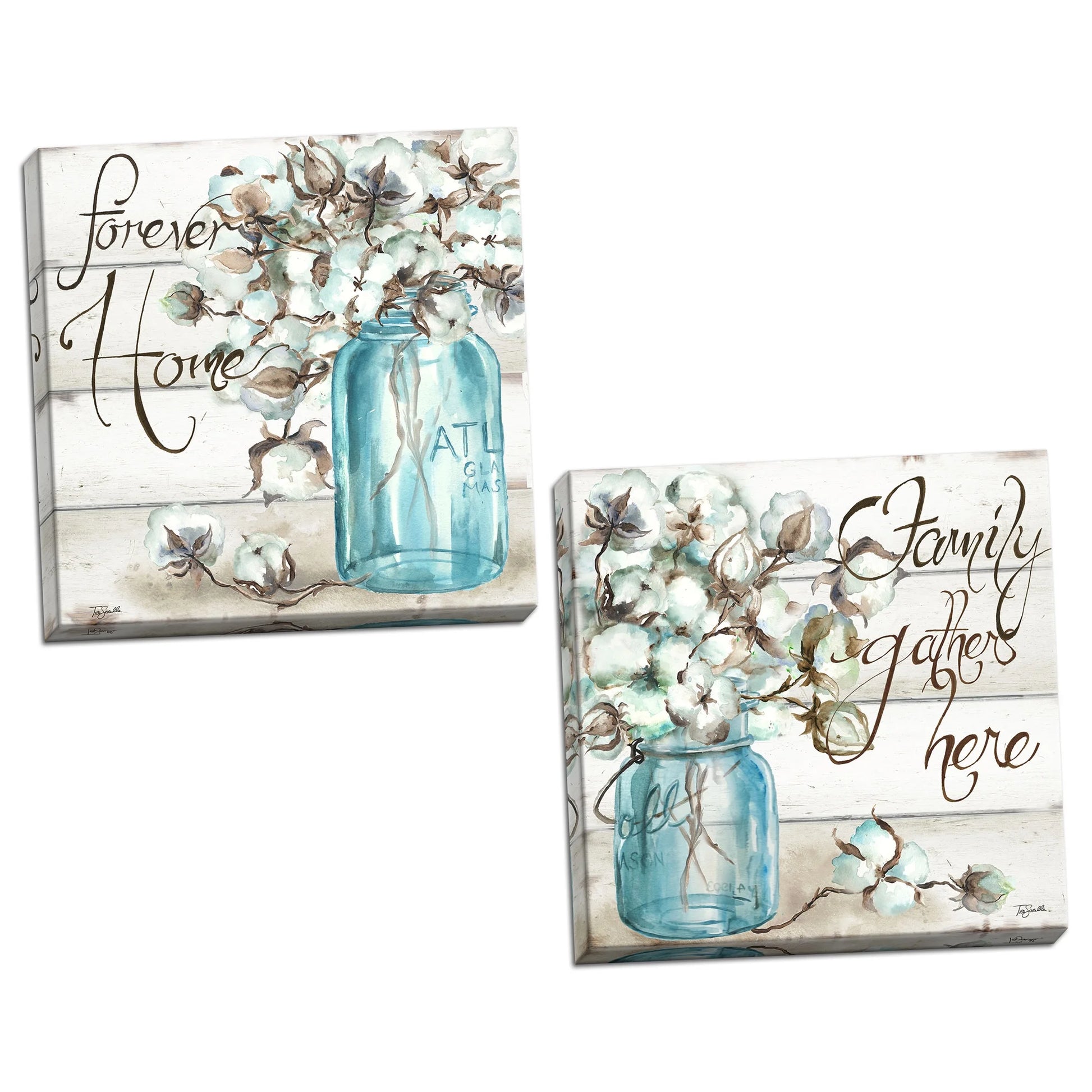 Family Home, Inspirational Floral Wall Art; Two Blue 16X16In Hand-Stretched Canvases
