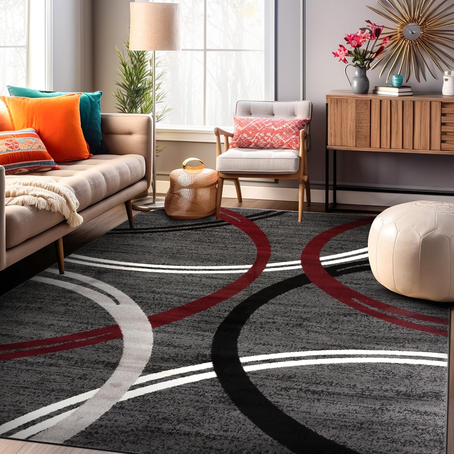 Modern Wavy Circles Design Area Rug 10' X 14' Red