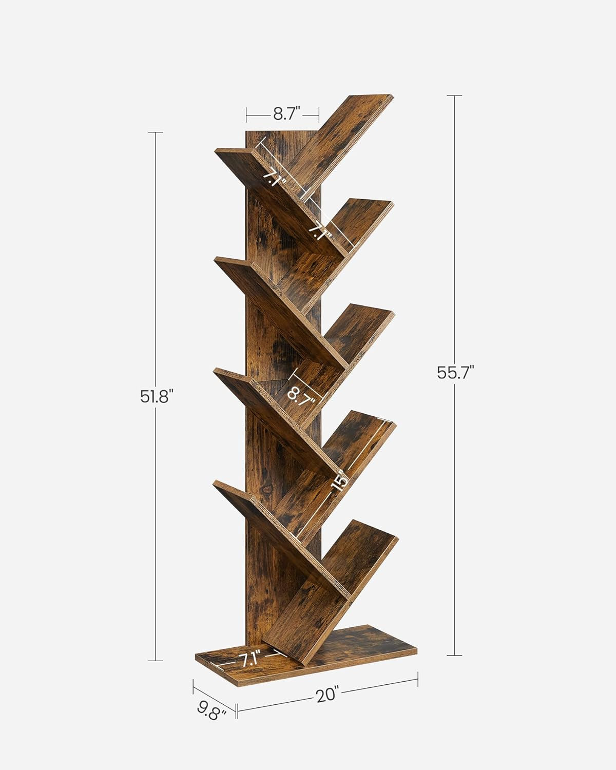 Tree Bookshelf, 9-Tier Bookcase, Large Bookshelf, Space-Saving Corner Shelf, Book Tree, Holds Books, Cds, Games, for Bedroom, Living Room, Home Office, Rustic Brown ULBC11BX