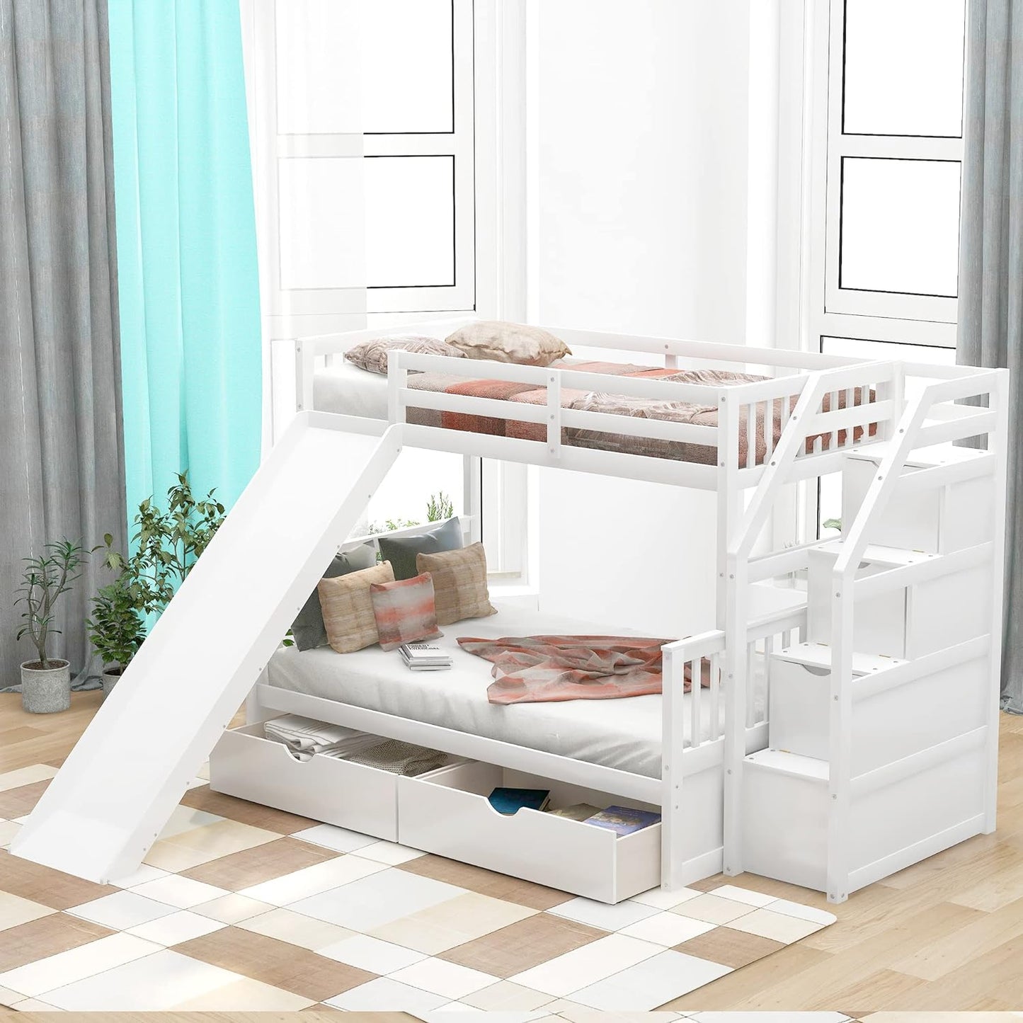 Full over Twin & Twin Bunk Bed with Drawer & Ladder, Triple Bunkbeds Wooden for Kids, Teens, Adults, Gray, White