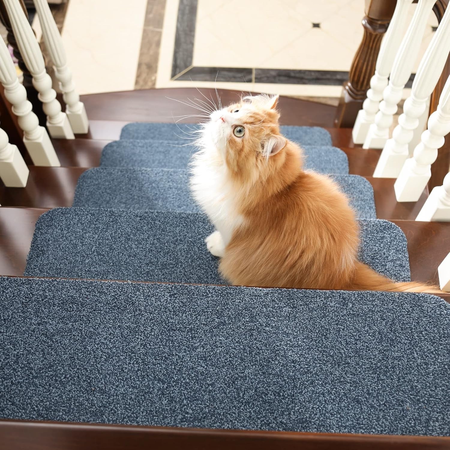Stair Treads Non-Slip 15Pcs Carpet Mat 28Inx9In Indoor Stair Runners for Wooden Steps, Stair Rugs for Kids and Dogs, 100% Polyester TPE Backing Blue,Protect Floor