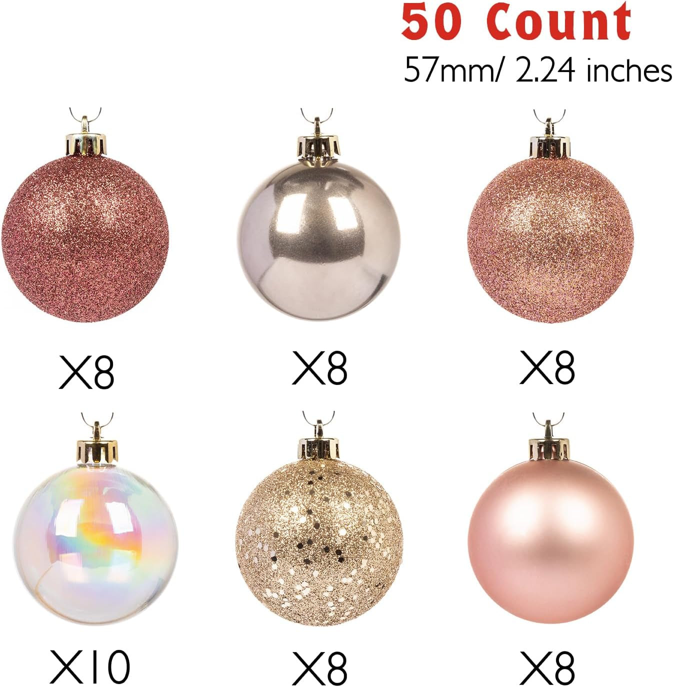 Ornaments, Shatterproof Christmas Tree Ornament Set, Christmas Balls Decoration 50 Count (2.24"/57Mm, Pink Gold)