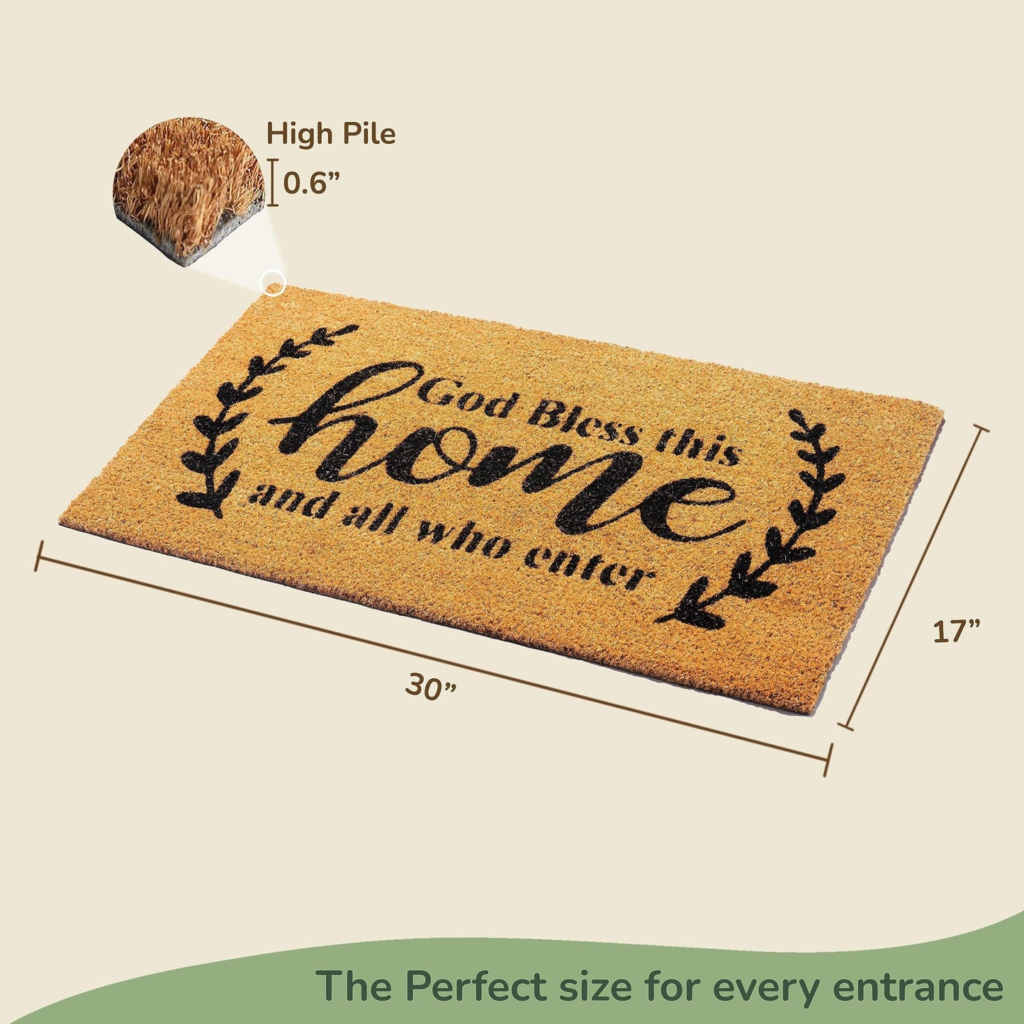Welcome Doormats 30X17 Inch Natural Coco Coir Mats with Non Slip PVC Backing