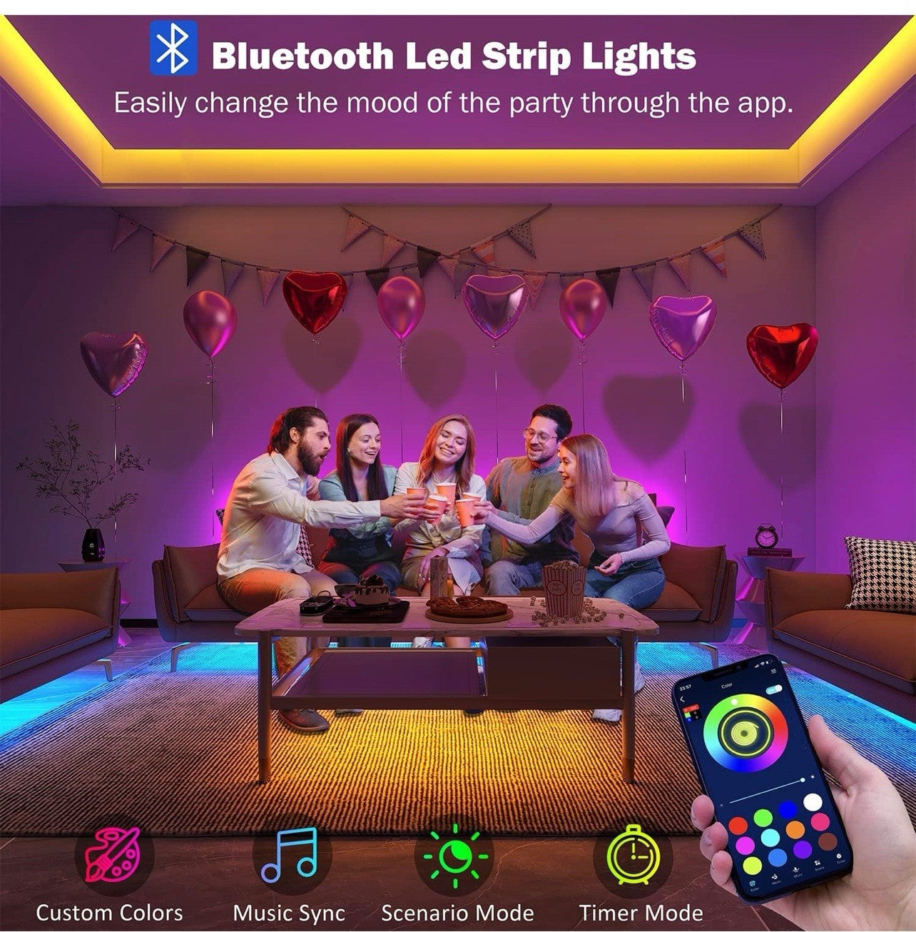 100Ft Led Strip Lights RGB Music Sync Color Changing 100Ft, Multicolor Leeleberd