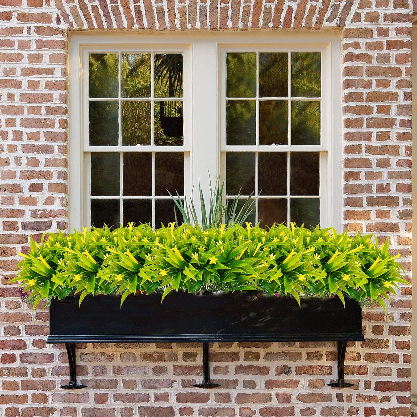 6Pcs Fake Flower Plants Outdoor Artificial Morning Glory Shrubs Bundles UV Resistant Faux Plastic Kitchen Bouquets Indoor Table Centerpieces Home Office Summer Fall Decor Yellow