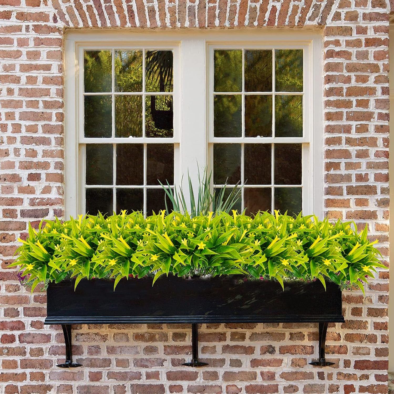 6Pcs Fake Flower Plants Outdoor Artificial Morning Glory Shrubs Bundles UV Resistant Faux Plastic Kitchen Bouquets Indoor Table Centerpieces Home Office Summer Fall Decor Yellow