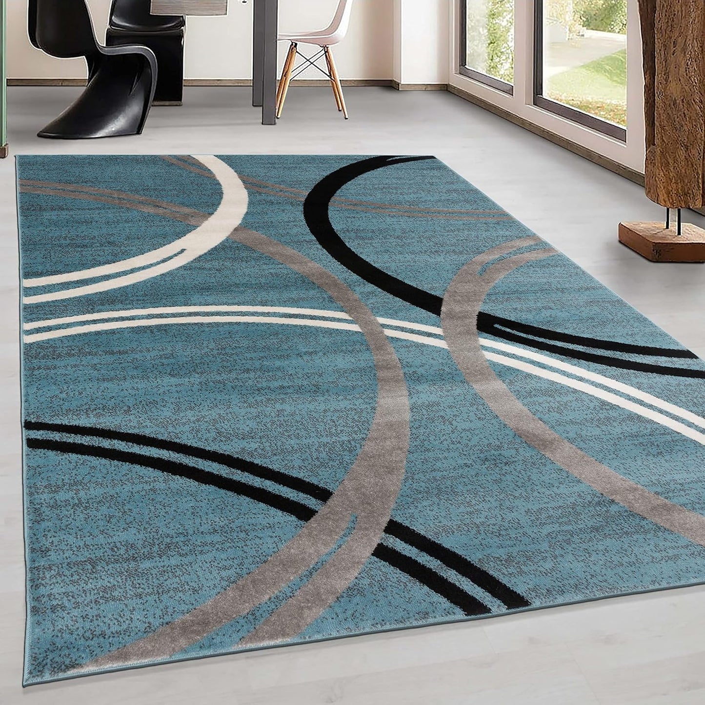 Modern Wavy Circles Design Area Rug 6'6" X 9' Blue