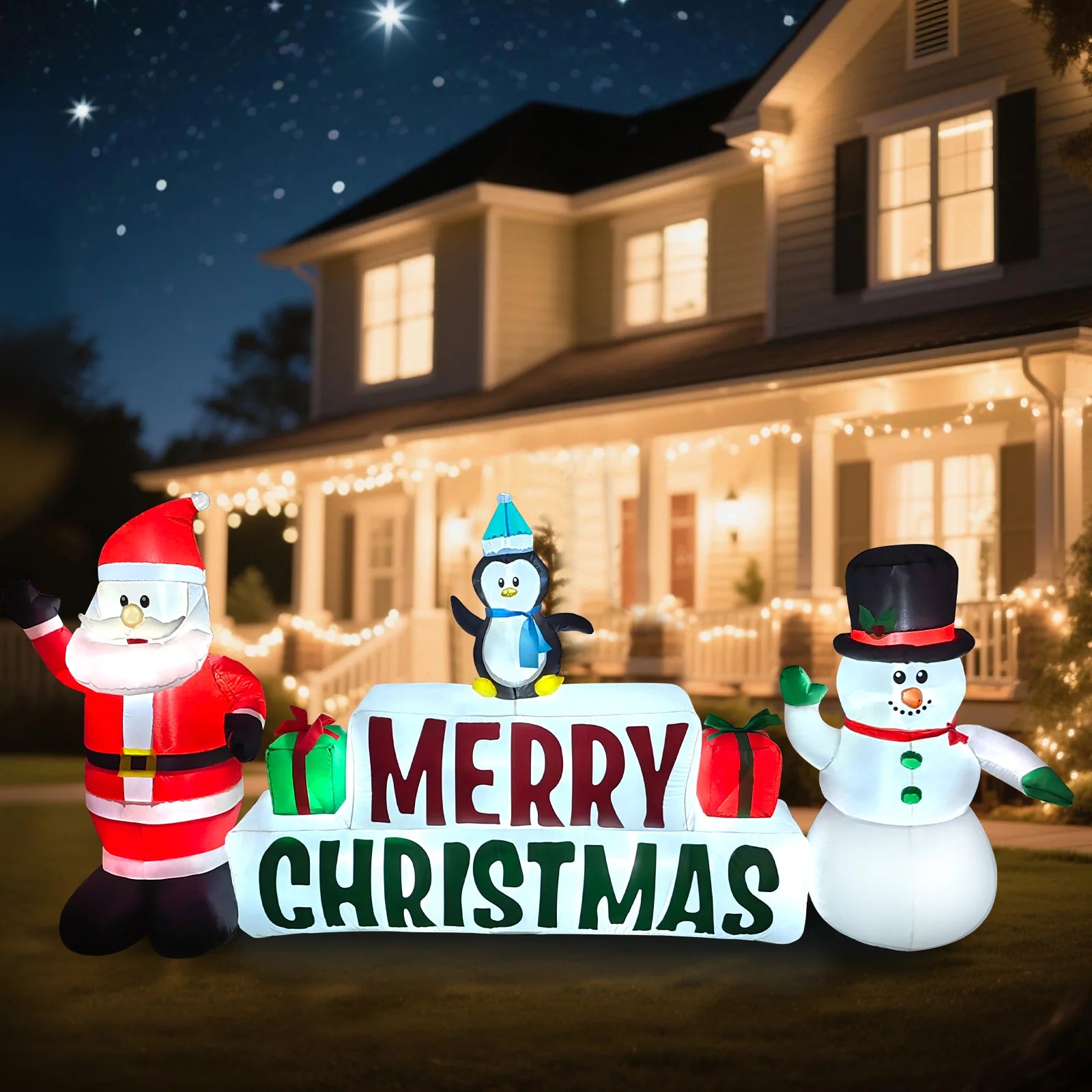 10Ft Long Christmas Inflatables, Lighted Merry Christmas Sign with Santa, Snowman, and Penguin, Giant Blow up Outdoor Christmas Lawn Yard Decoration