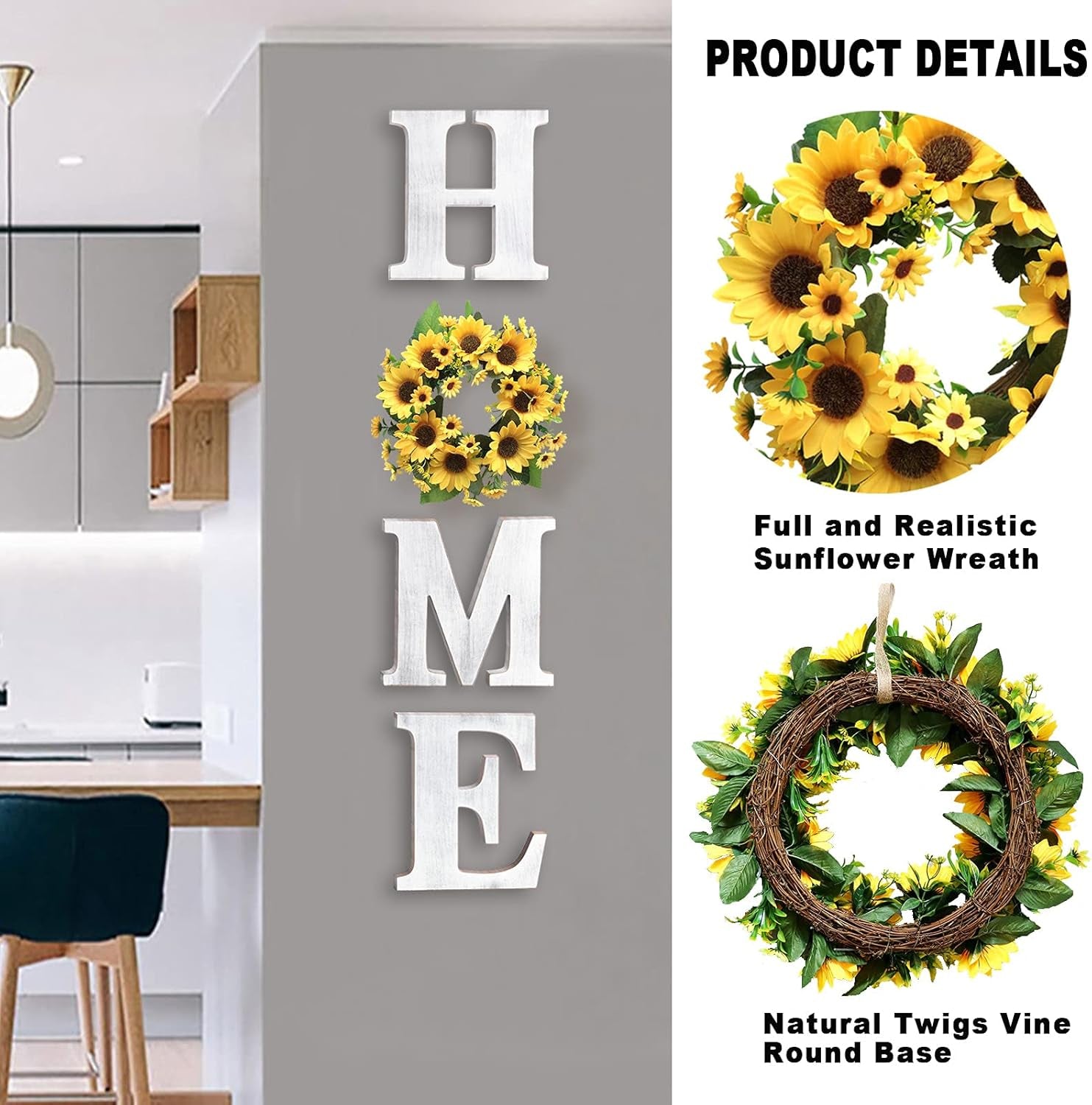 Wall Hanging 12” Wood Home Letters, Decorative Large Wooden Home Sign with Artificial Sunflower Wreath for O, Rustic Wall Decor Art, Farmhouse Wall Decoration for House Living Room Kitchen Entryway