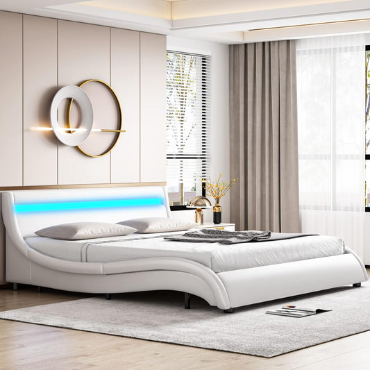 Modern Upholstered Platform Bed Frame with LED Lights and Curved Headboard, Faux Leather Wave-Like Platform Bed Frame,Strong Wood Slats Support, Easy Assembly, White, King Size