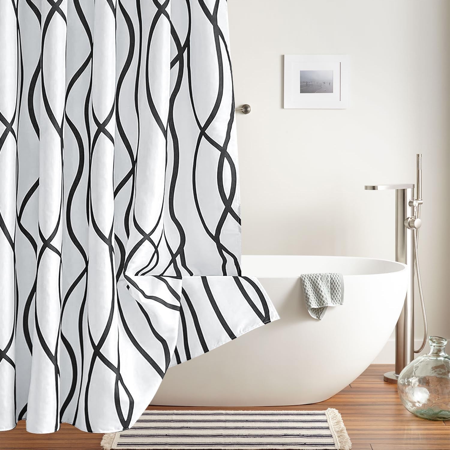Textured Fabric Shower Curtain 72 Inches by 72 Inches, Black Printed Striped Linen Modern Hotel Luxury Quality Cloth Bathroom Curtains Machine Washable
