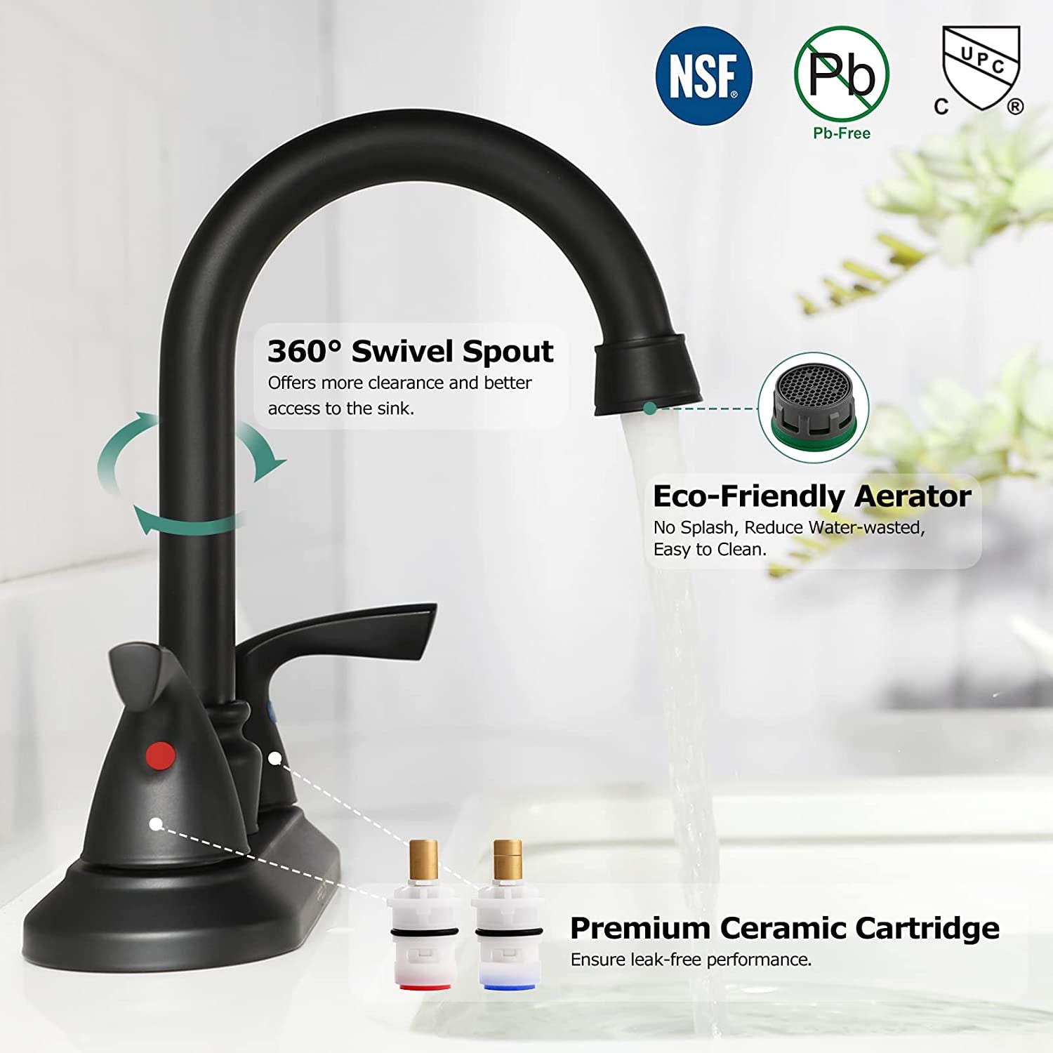 Matte Black 2-Handle Bathroom Faucet with Metal Drain Assembly & Supply Lines - NSF Cupc Certified, Model 1359104