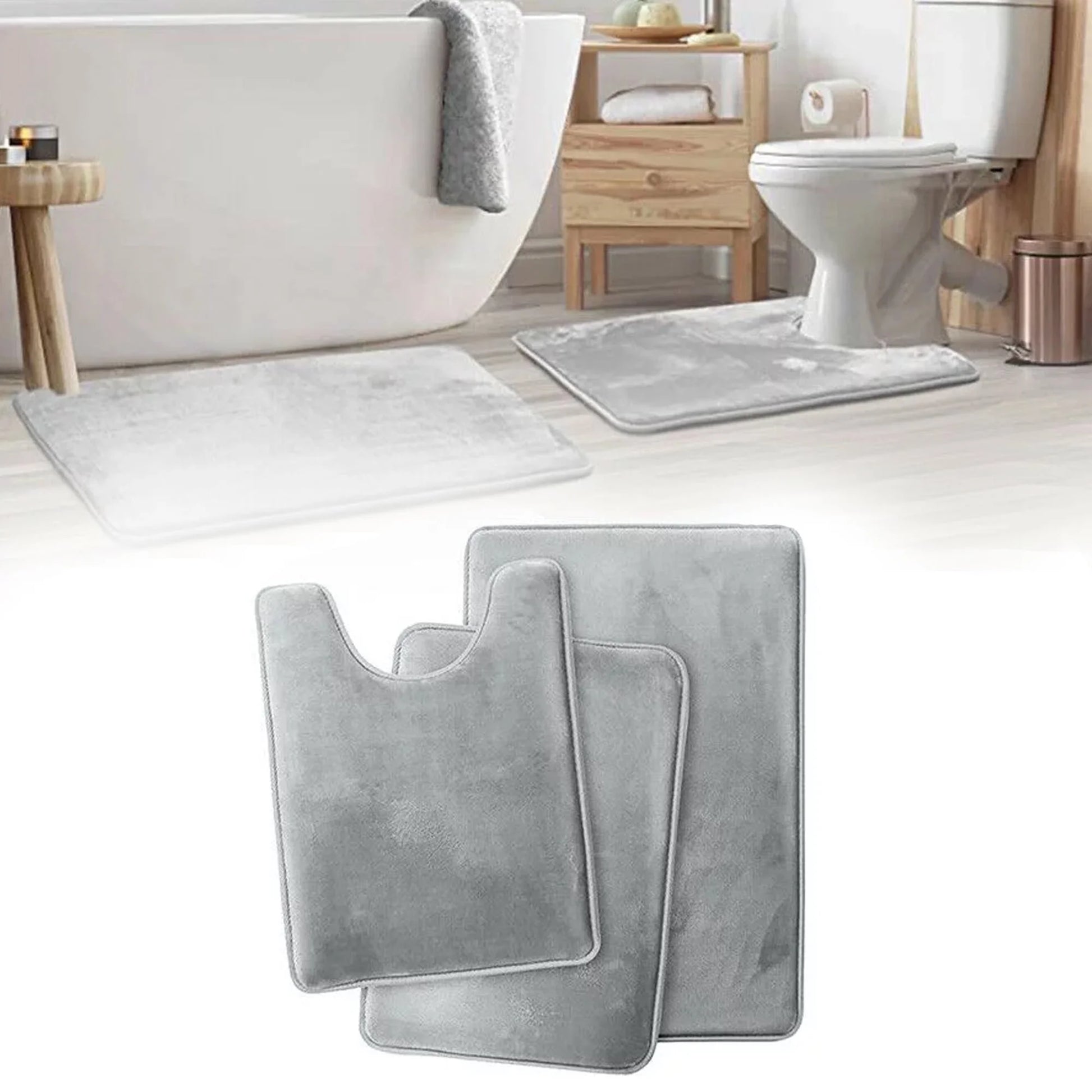 Memory Foam Bath Mat Set - 3 Pcs Absorbent Non-Slip Bathroom Rugs (Small, Large & Contour)