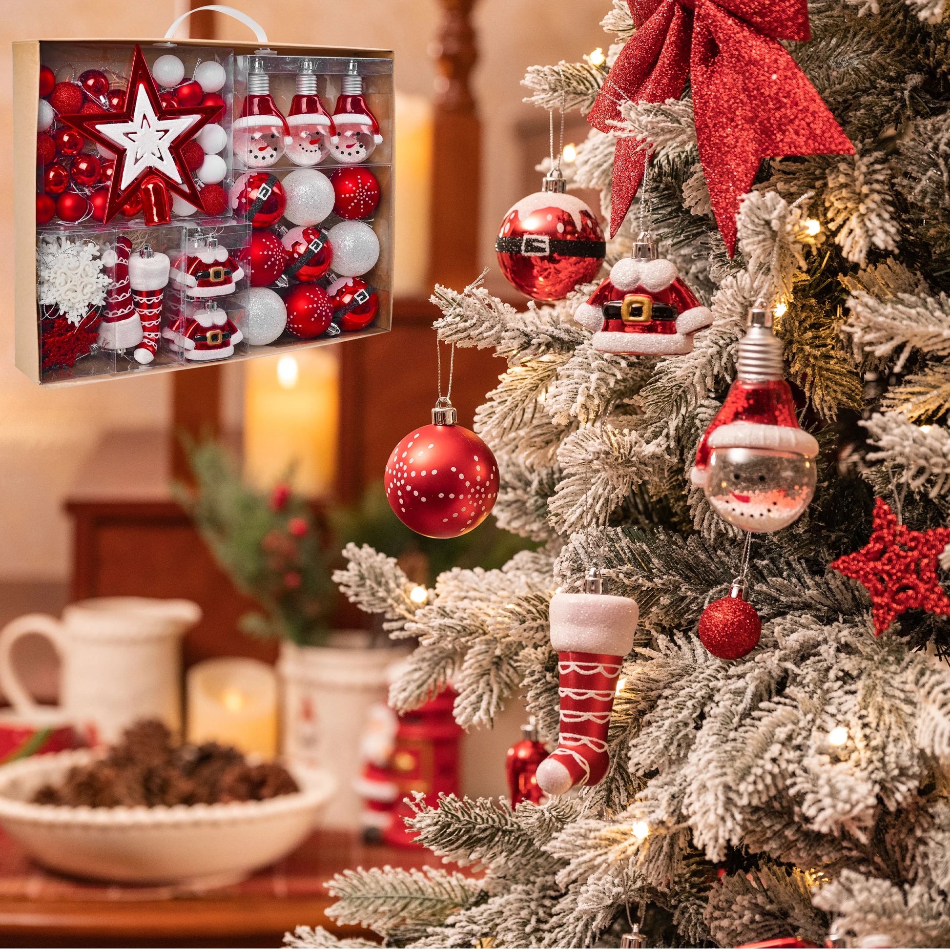 70Ct Christmas Ornaments Set, Red White Christmas Tree Ornaments for Holiday Party Decor