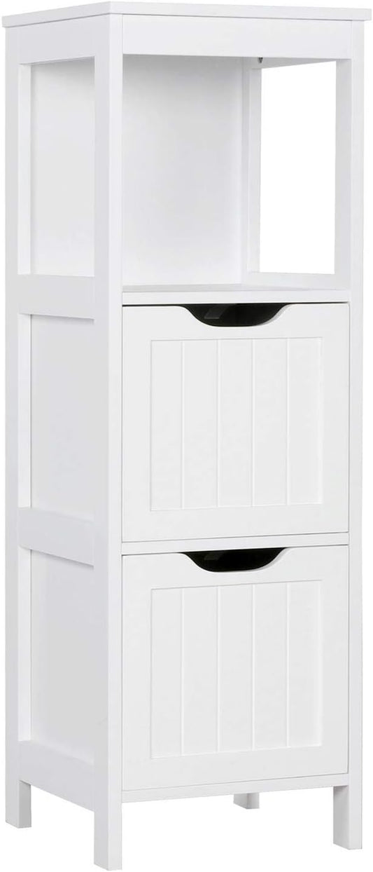 Bathroom Floor Cabinet, Wooden Storage Cabinet with 2 Drawers, Multifunctional Side Organizer Rack Stand Table, White