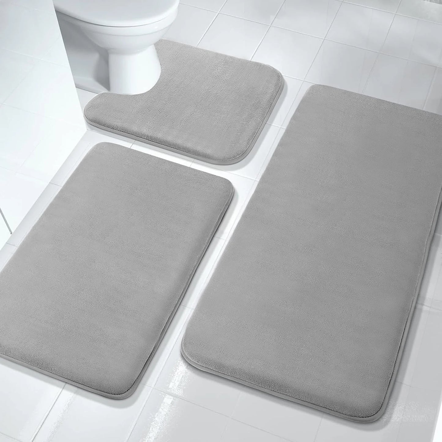 Memory Foam Bath Mat Set - 3 Pcs Absorbent Non-Slip Bathroom Rugs (Small, Large & Contour)