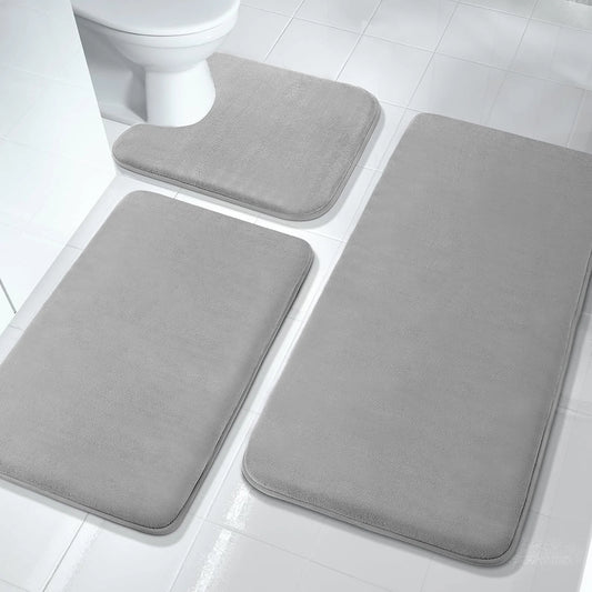 Memory Foam Bath Mat Set - 3 Pcs Absorbent Non-Slip Bathroom Rugs (Small, Large & Contour)