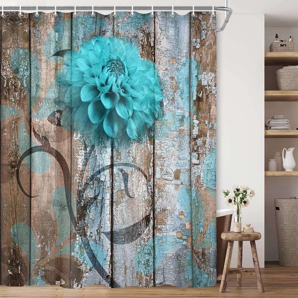 Farmhouse Flower Floral Shower Curtain, Rustic Teal Turquoise Dahlia Shower Curtain Set, Country Blue Wild Garden Plant Fabric Shower Curtain with Hooks, Surreal Bathroom Curtain, 69X70Inch