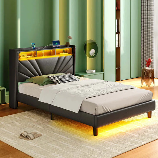 Karo Upholstered Metal Wingback Storage Bed with Headboard, Charging Station and LED Lights