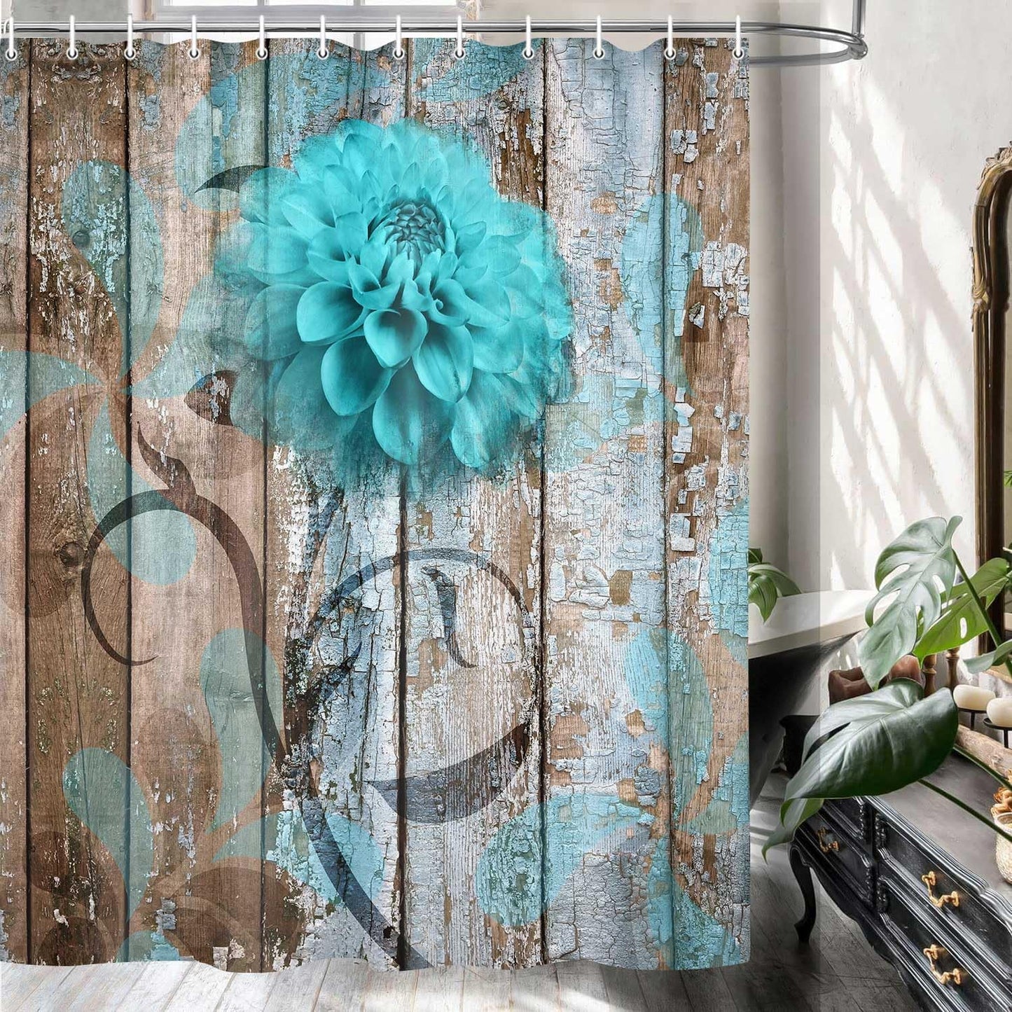 Farmhouse Flower Floral Shower Curtain, Rustic Teal Turquoise Dahlia Shower Curtain Set, Country Blue Wild Garden Plant Fabric Shower Curtain with Hooks, Surreal Bathroom Curtain, 69X70Inch